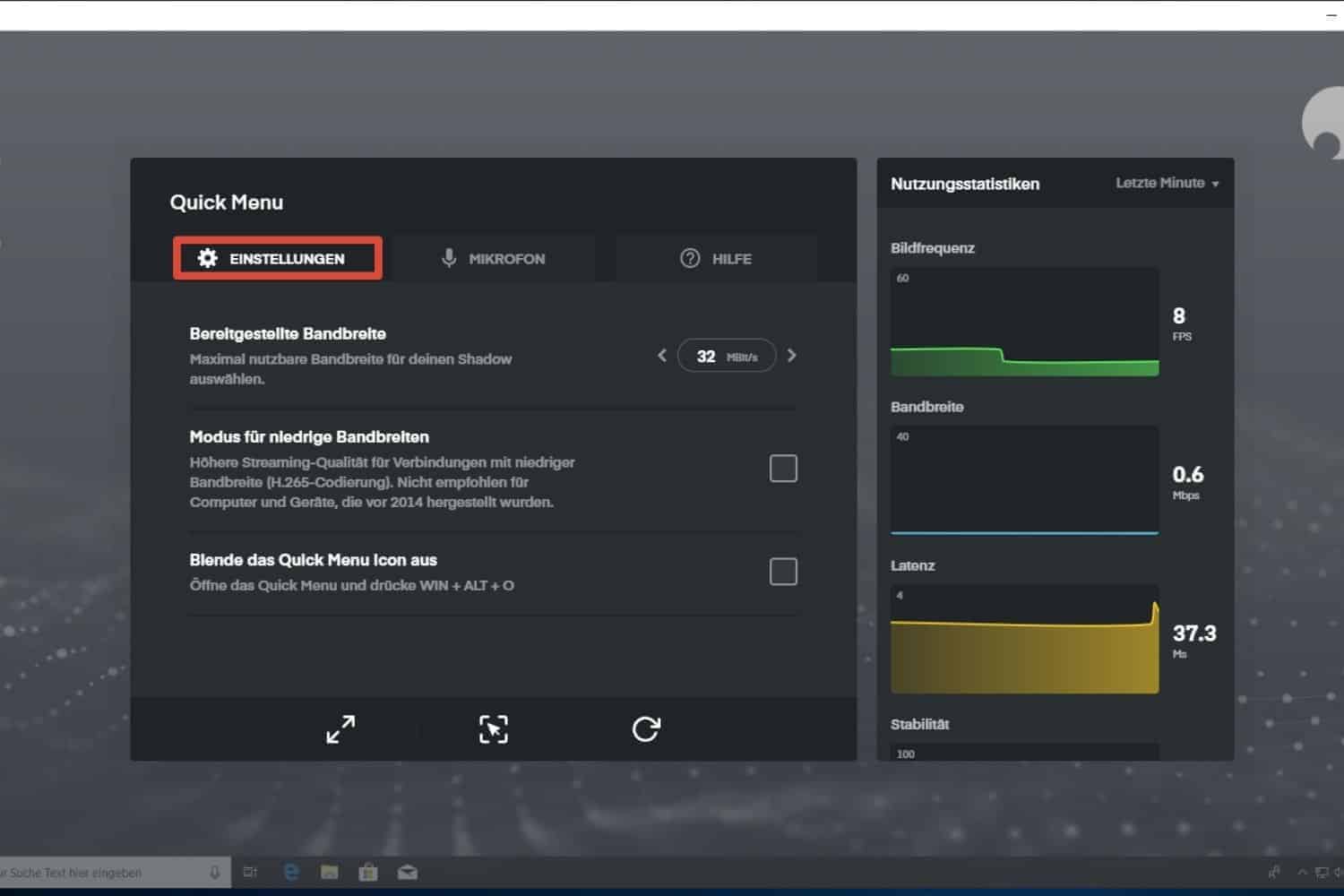 NVIDA GeForce Now Shadow Quickmenue Einstellungen