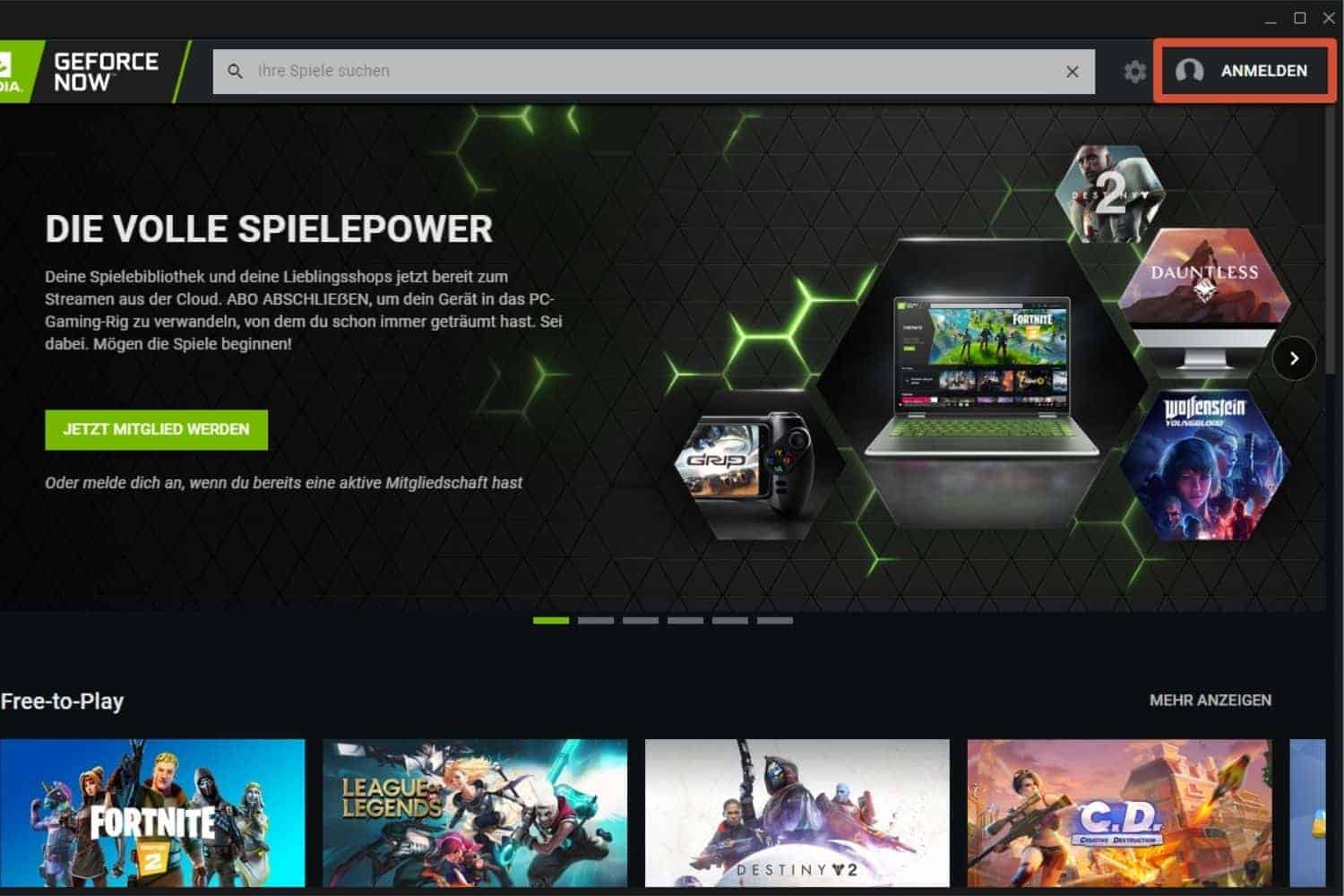 NVIDIA GeForce Now Startseite Anmeldung
