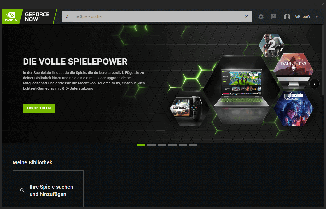 NVIDIA GeForce Now Startseite nach Anmeldung