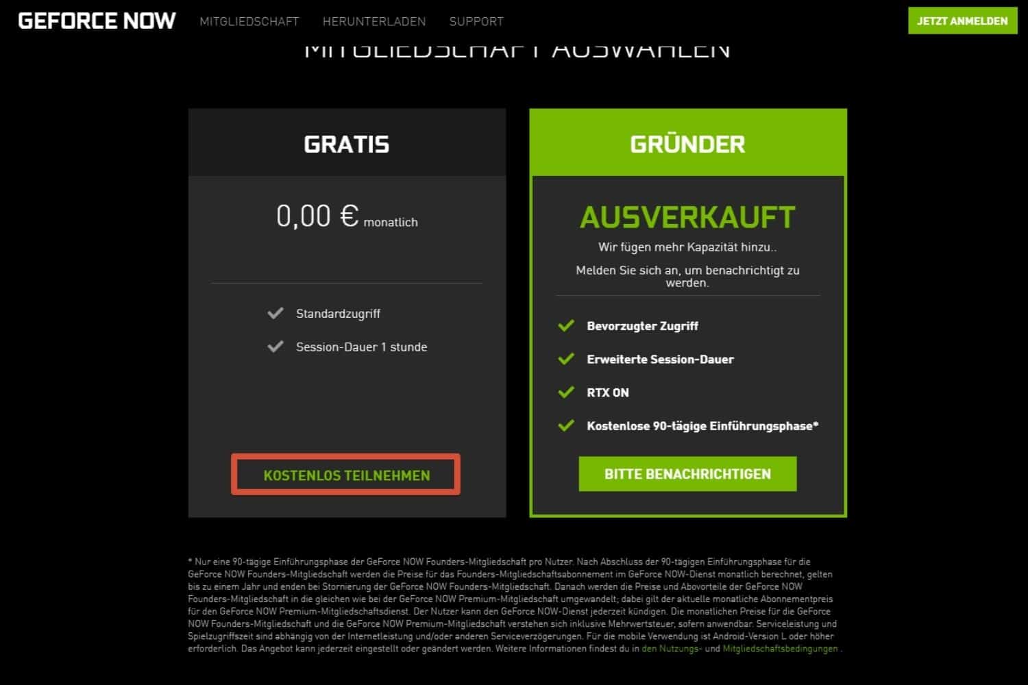 NVIDIA GeForce Now Website kostenlose Mitgliedschaft