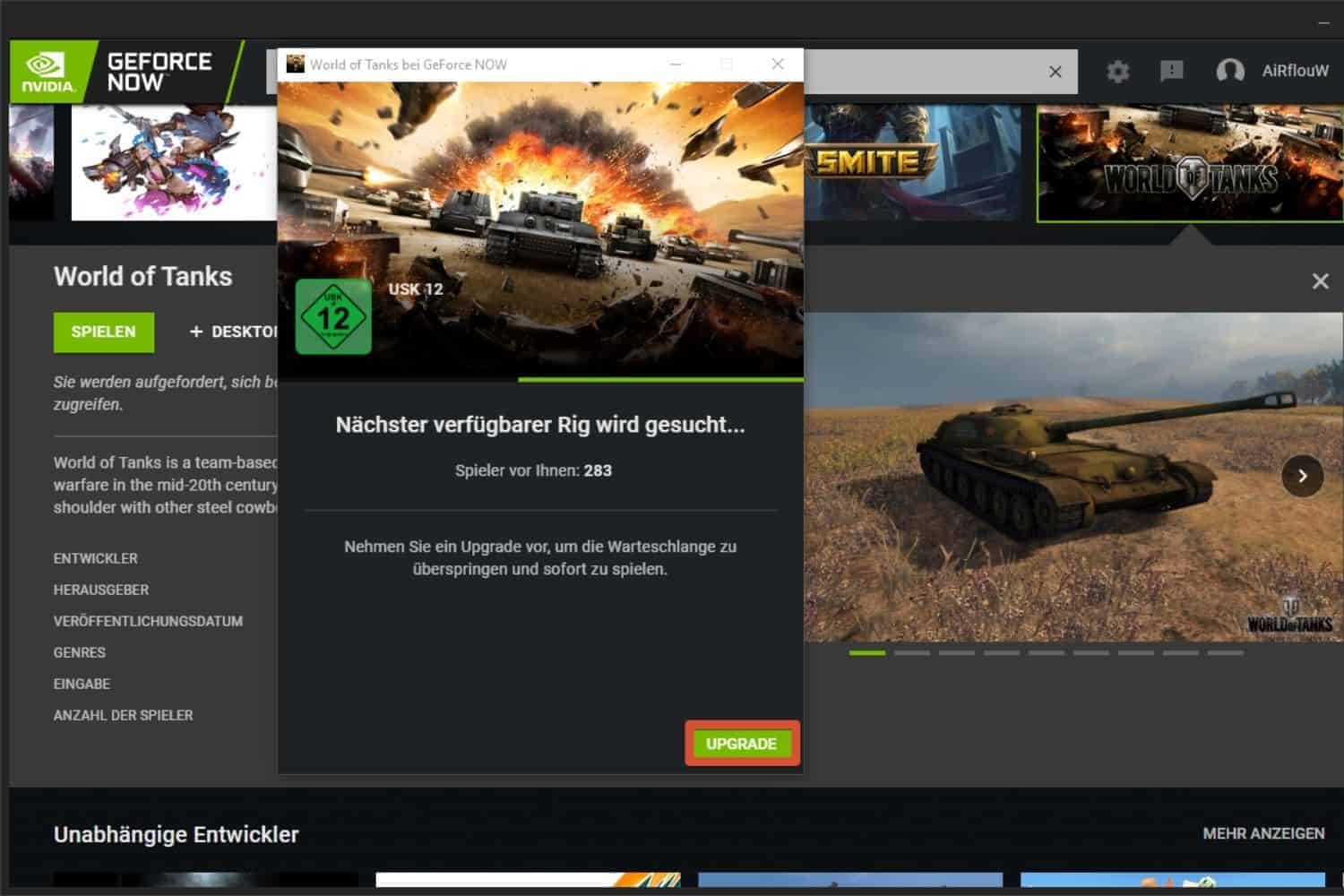 NVIDA GeForce Now wot Warteschlange Upgrade Vorschlag