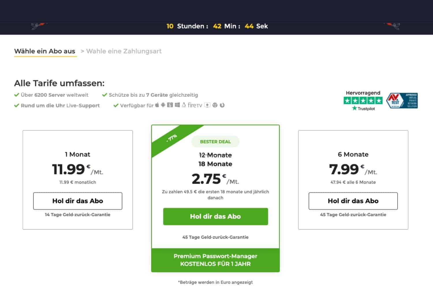 CyberGhost Kostentabelle auf Webseite